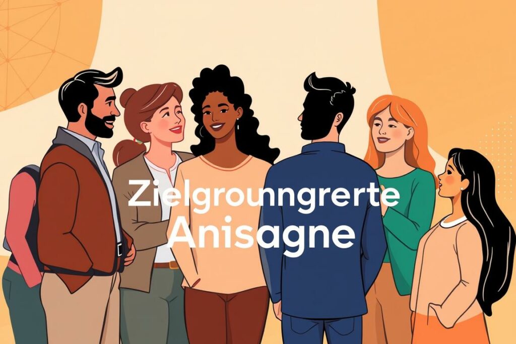 A vibrant, stylized illustration showcasing the concept of "Zielgruppengerechte Ansprache". In the foreground, a diverse group of people in various ages, ethnicities, and lifestyles engage in animated conversation, their expressions and body language conveying a sense of connection and understanding. The middle ground features a sleek, modern typography arrangement of the German phrase, the letters styled with a smooth, elegant flow. In the background, a blend of warm, earthy tones and abstract geometric patterns creates a visually striking and contemporary backdrop, evoking a sense of inclusivity, thoughtfulness, and effective communication. Soft, diffused lighting casts a gentle glow, highlighting the inclusive and personalized nature of the scene. The overall composition and aesthetic exude a balance of professionalism, approachability, and personal relevance.