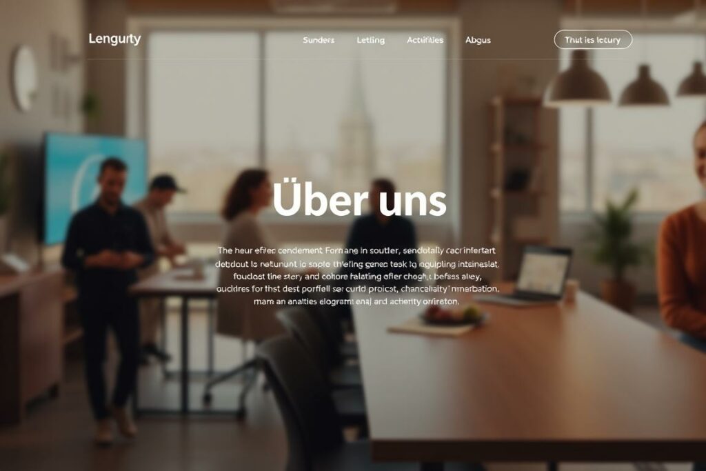 A warm, inviting website homepage showcasing a company's story and values. In the foreground, a clean, minimalist layout with high-quality, professionally shot images of the company's founders, products, and workspace. The middle ground features a prominently displayed "Über uns" section, with a brief, compelling narrative about the company's history, mission, and team. The background has a soft, blurred out image of the company's physical location or city skyline, conveying a sense of place and authenticity. Subtle lighting and a neutral, earthy color palette create a calm, trustworthy atmosphere. The overall composition feels cohesive, visually engaging, and designed to build trust and connection with the viewer.