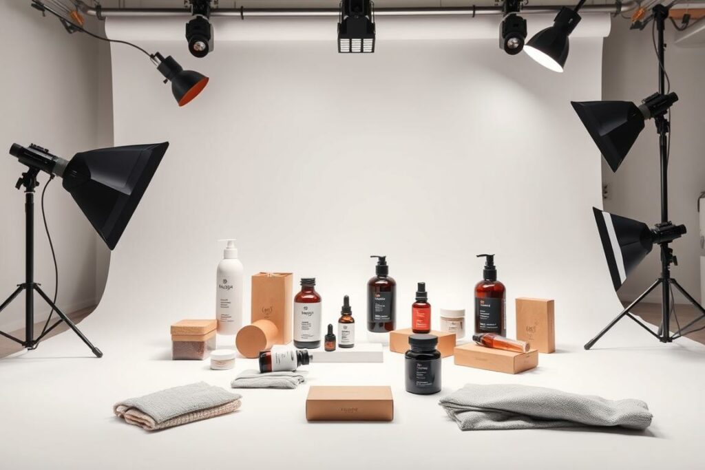 A well-lit studio setup showcasing various product shots, including close-ups and angled perspectives, against a clean white background. The products are arranged thoughtfully, highlighting their best features and textures. Soft, diffused lighting from multiple sources creates a professional, high-quality aesthetic. The camera is positioned to capture the products from angles that emphasize their form and design, inviting the viewer to examine the details. The overall mood is one of clarity, simplicity, and attention to the products' visual appeal, designed to engage and inform potential customers.