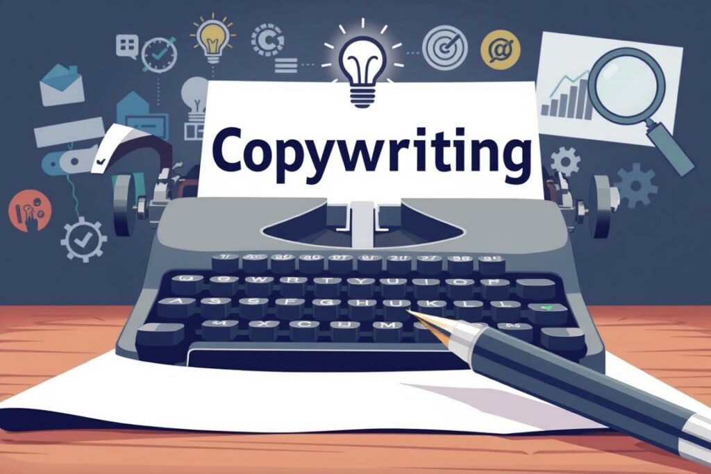 A well-lit, stylized illustration depicting the concept of "Copywriting". In the foreground, a calligraphic pen poised over a crisp white sheet of paper, conveying the act of creative writing. In the middle ground, a collection of typewriter keys, symbolizing the crafting of persuasive and compelling copy. In the background, a collage of related icons and elements - a lightbulb for ideation, a graph for data-driven insights, and a magnifying glass for attention to detail. The overall mood is one of focused determination, blending the art and science of effective copywriting.