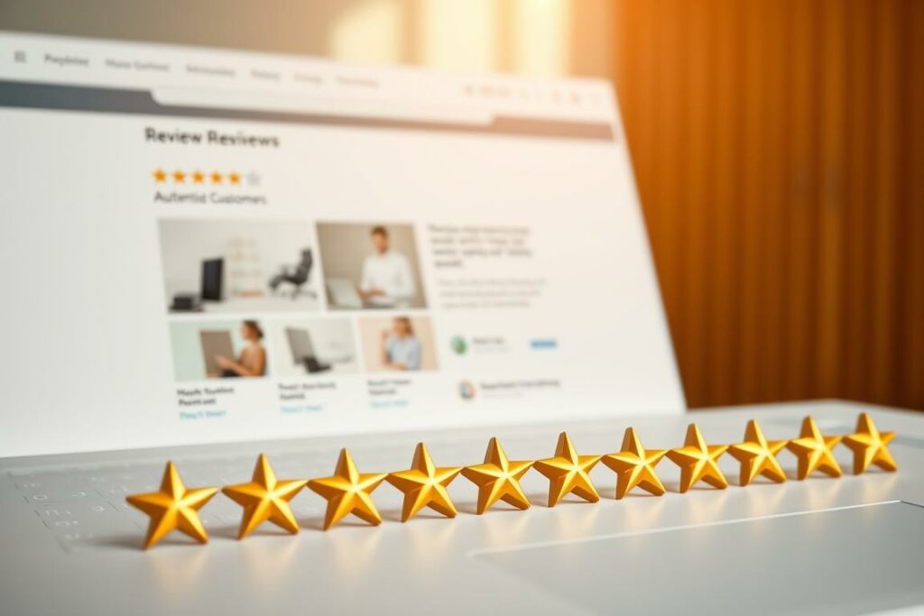 Authentic customer reviews displayed on a sleek, minimalist website. In the foreground, a grid of shining review stars and genuine testimonials from satisfied customers. The middle ground features product images and brand logos, conveying trust and quality. The background showcases a clean, professional website design with a soothing color palette. Warm, natural lighting illuminates the scene, creating a sense of authenticity and credibility. The overall composition exudes an air of transparency and reliability, inviting visitors to explore the business's commitment to customer satisfaction.