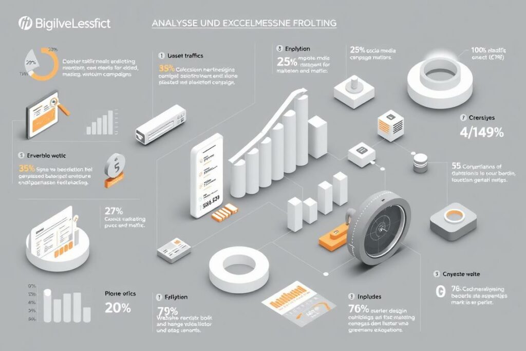 Detailed statistical infographic showcasing key digital marketing metrics. Clean, minimalist layout with icons and visualizations highlighting website traffic, conversion rates, social media engagement, and other KPIs essential for evaluating marketing campaign performance. Muted, sophisticated color palette with a balance of light and shadow to emphasize the data. Isometric perspective provides an organized, structured composition. Sleek, modern aesthetic evokes a sense of analytical clarity and data-driven insights to support the "Analyse und Erfolgsmessung" section.